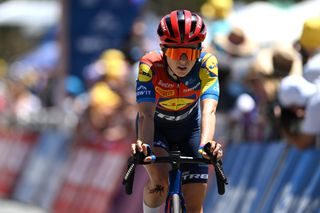 WILLUNGA HILL AUSTRALIA JANUARY 18 Niamh FisherBlack of The Netherlands and Team Lidl Trek crosses the finish line during the 9th Santos Womens Tour Down Under 2025 Stage 2 a 115km stage from Unley to Willunga Hill 370m on January 18 2025 in Willunga Hill Australia Photo by Dario BelingheriGetty Images