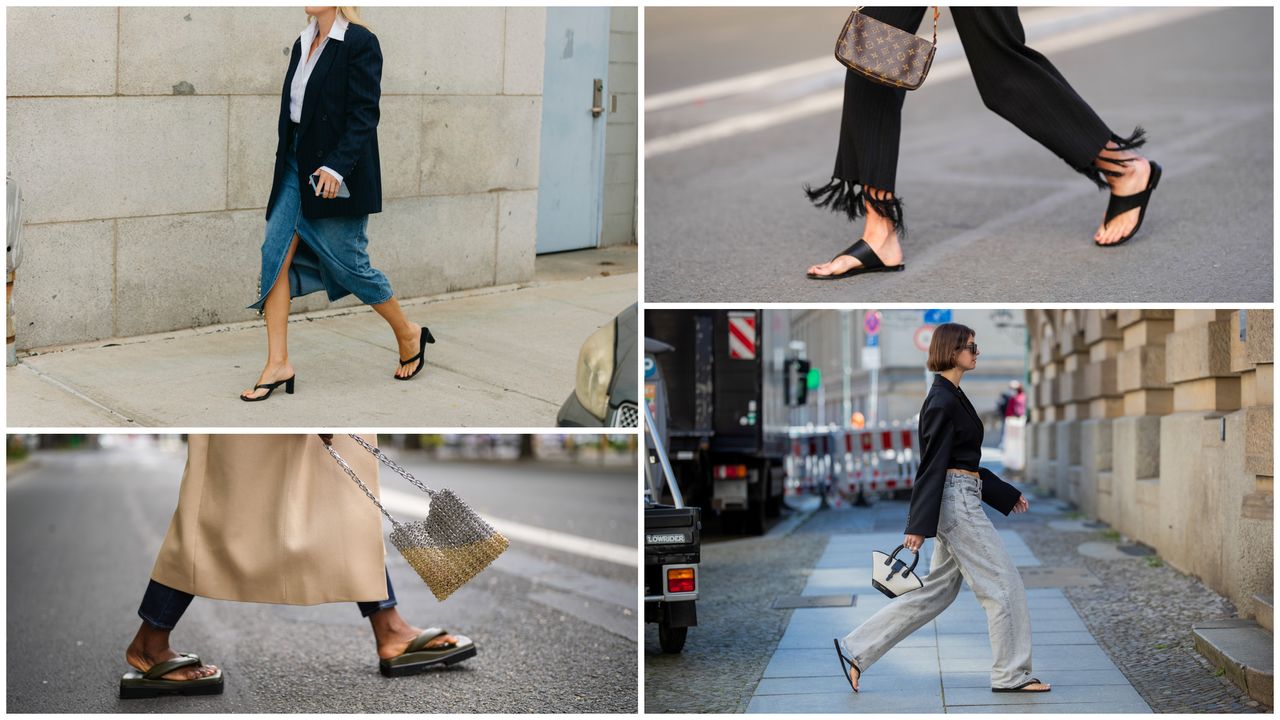 A collage of four images of women wearing flip flops on the street