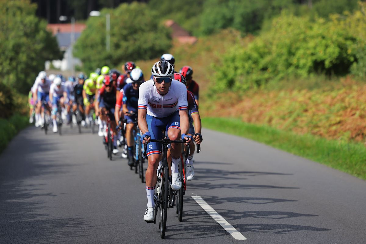 Picture by Alex WhiteheadSWpixcom 08092022 Cycling 2022 AJ Bell Tour of Britain Stage 5 West Bridgeford to Mansfield England Josh Charlton of Team Great Britain leading the peloton