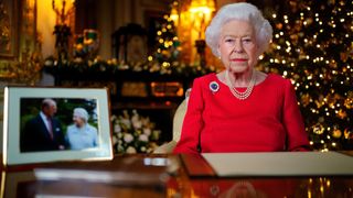Queen Elizabeth II records her annual Christmas broadcast in the White Drawing Room at Windsor Castle