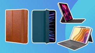Various product shots of the best iPad Pro cases on a colourful blue background