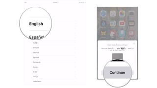 Use Automatic Setup to transfer data to new iPad by showing steps: Choose language, tap Continue