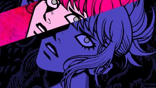 A woman's face is presented in slices alternating dark and light