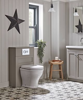 white and black flooring with repeated pattern in traditional bathroom