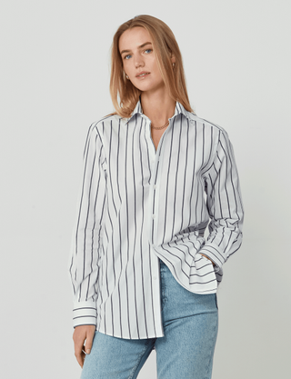 The Boyfriend: Fine Poplin, Midnight Blue Stripe