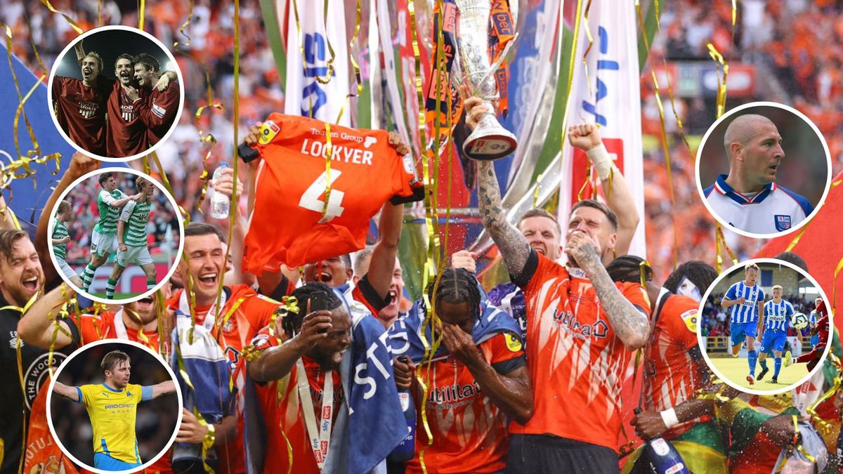 Players of Luton Town hold up the jersey of injured captain Tom Lockyer (not pictured) as they celebrate with the Sky Bet Championship Play Offs Final trophy following their team’s victory in the Sky Bet Championship Play-Off Final between Coventry City and Luton Town at Wembley Stadium on May 27, 2023 in London, England. (Photo by Richard Heathcote/Getty Images)