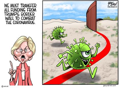Political Cartoon U.S. Warren defund wall fight coronavirus