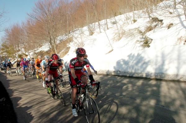 BMC teammates Marco Pinotti and Cadel Evans ride up the Prati di Tivo. Evans was a long way back, and lost more than 10 minutes to the winner Nibali.