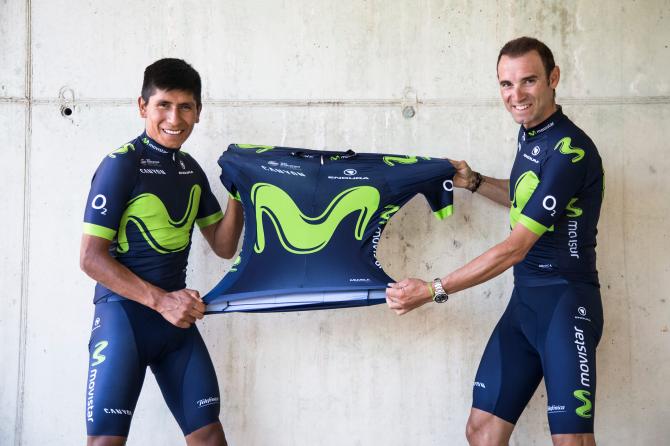 Nairo Quintana and Alejandro Valverde show off the 2017 Movistar jersey