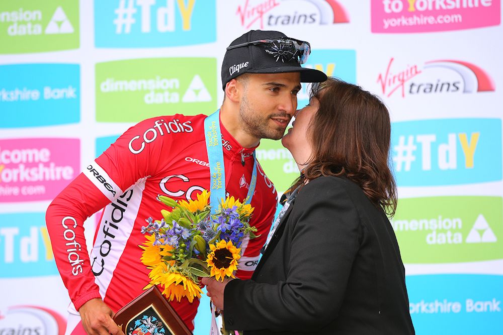 Nacer Bouhanni on the stage 2 podium at Tour de Yorkshire
