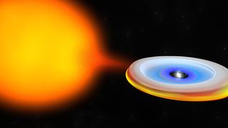 This artist's depiction shows a neutron star and its companion during a period of accretion when the neutron star emits powerful X-rays. Image released Sept. 25, 2013.