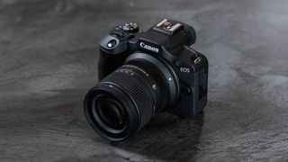 A Canon EOS R5 with Sigma 18-50mm f/2.8 DC DN | C lens attached on a metal background