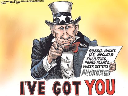 Political cartoon U.S. Putin Russia meddling hackers power plants water systems Uncle Sam