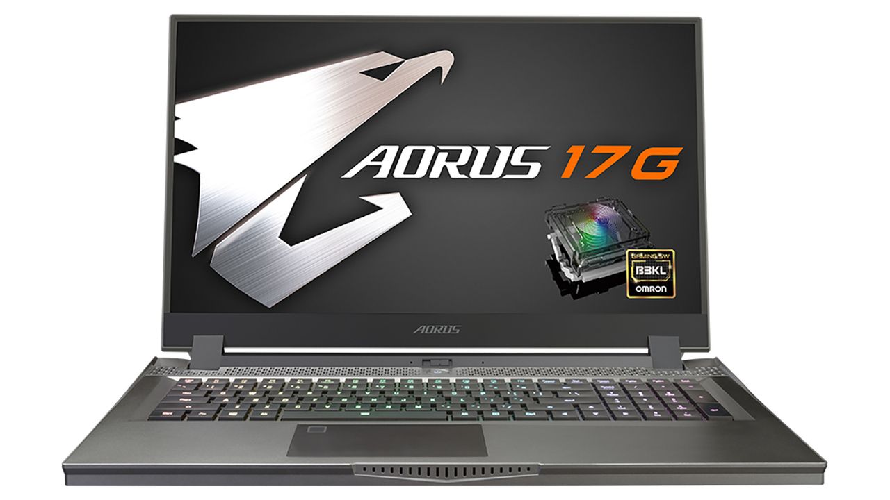 Gigabyte Aorus 17G 17-inch laptop shown in gun metal grey colorway on white background with screen open showing Aorus 17G wallpaper.