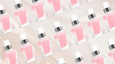 A collage featuring product shots of essie's Gel Couture Gossamer Garment nail polish ( a sheer, cherry-pink colour) repeated in three, diagonal line patterns across a pastel pink sheer fabric background. 