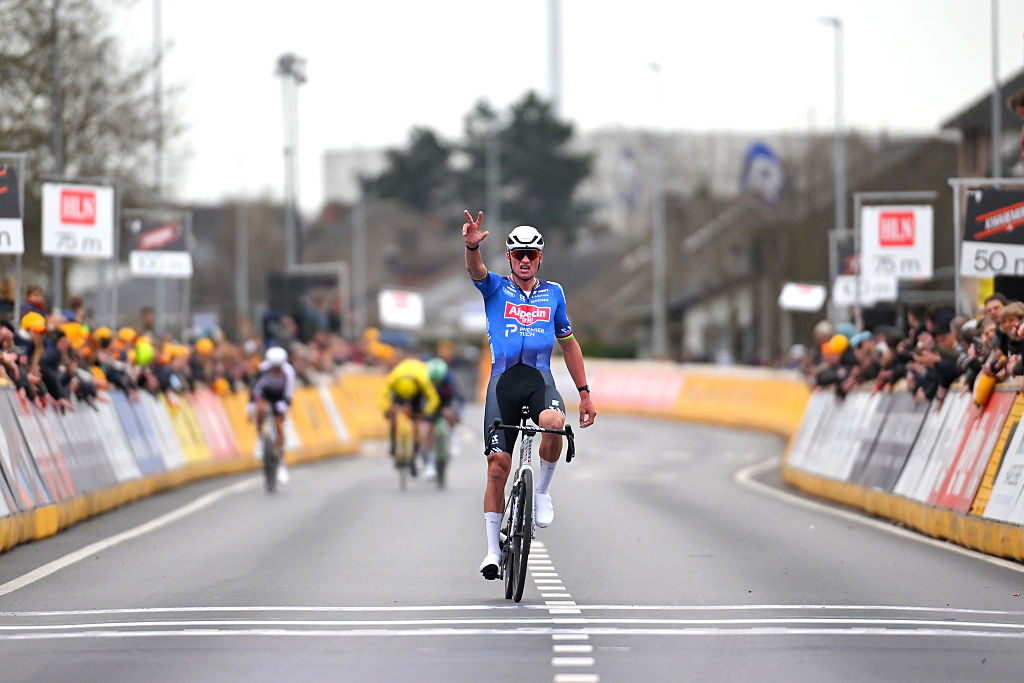 HARELBEKE, BELGIUM - MARCH 27: Mathieu van der Poel of Netherlands and Team Alpecin-Premier Tech celebrates at finish line as race winner during the 68th E3 Saxo Classic 2026 a 208.5km one day race from Harelbeke to Harelbek / #UCIWT / on March 27, 2026 in Harelbeke, Belgium. (Photo by Tim de Waele/Getty Images)