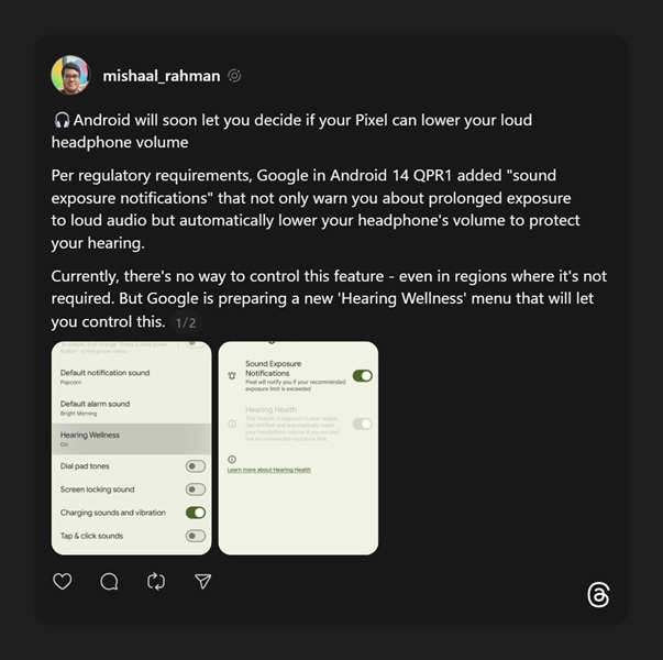 A post about Google supposedly developing a new "Hearing Wellness" settings page, giving users the choice of letting their Pixel reduce their earbud volume if it's "too loud."