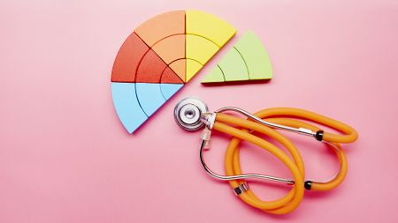 Part of a pie chart on a pink background next to an orange stethoscope.