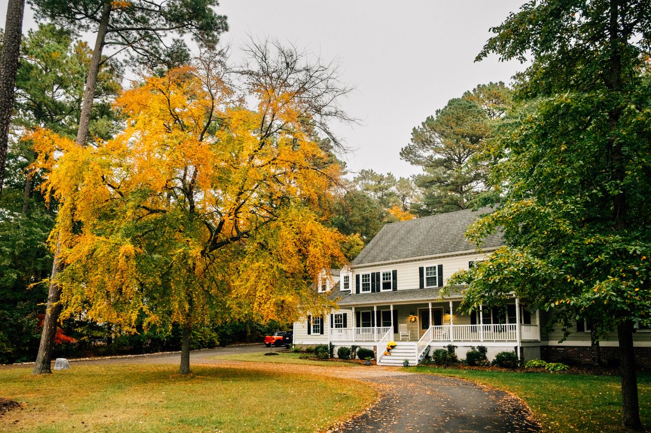 fall lawn leaves house