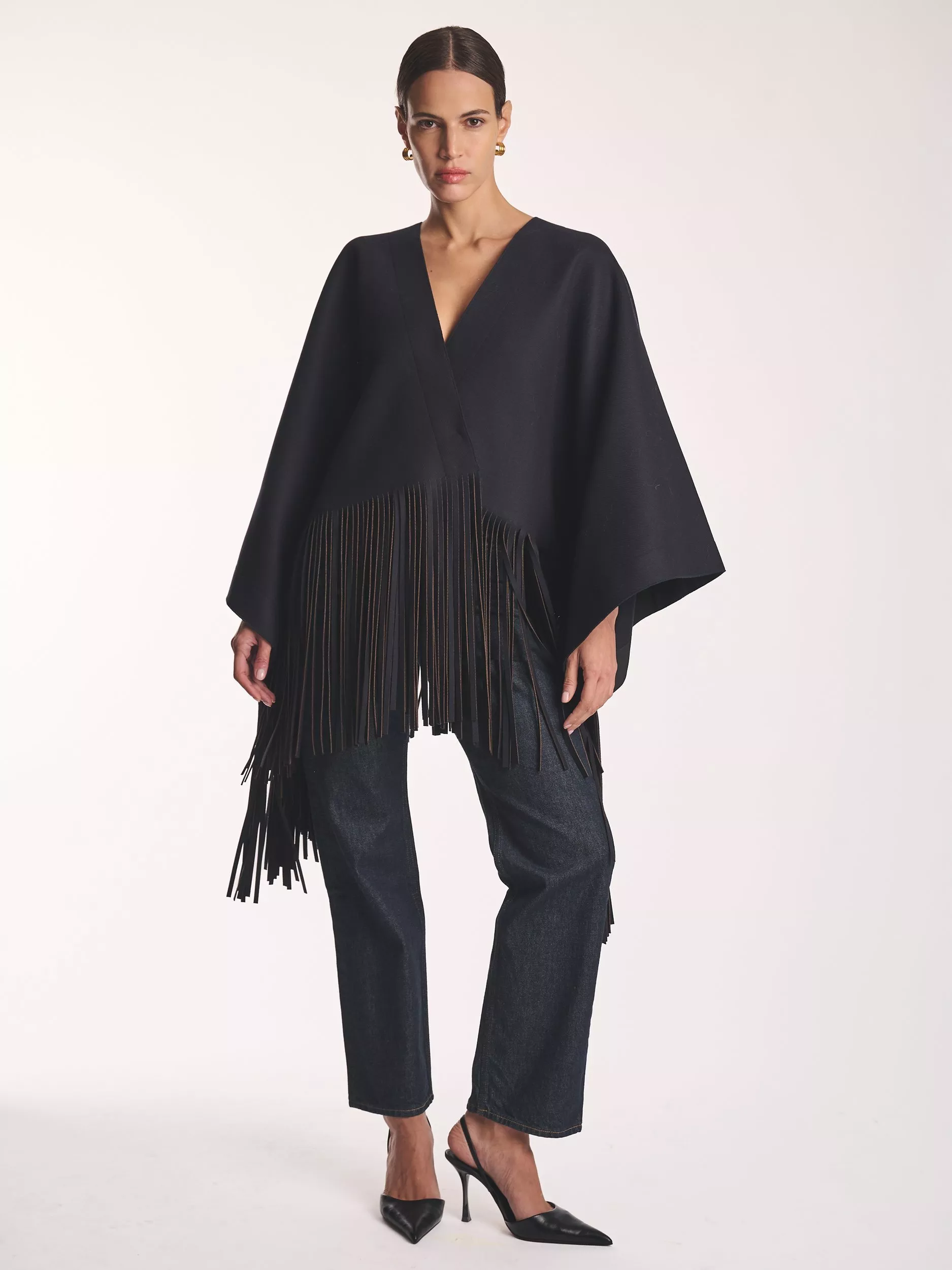 Amanda Wakeley Fringe V-Neck Wool Rich Cape, Navy