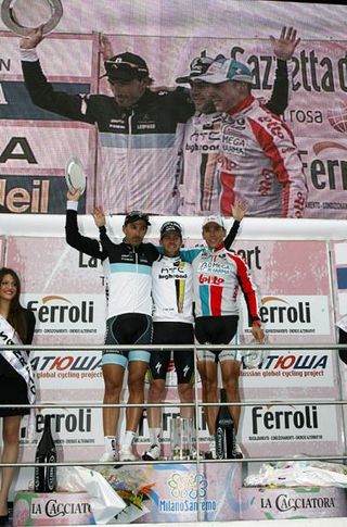 Milan-San Remo podium (l-r): Fabian Cancellara (Leopard Trek), Matt Goss (HTC - Highroad) and Philippe Gilbert (Omega Pharma - Lotto)