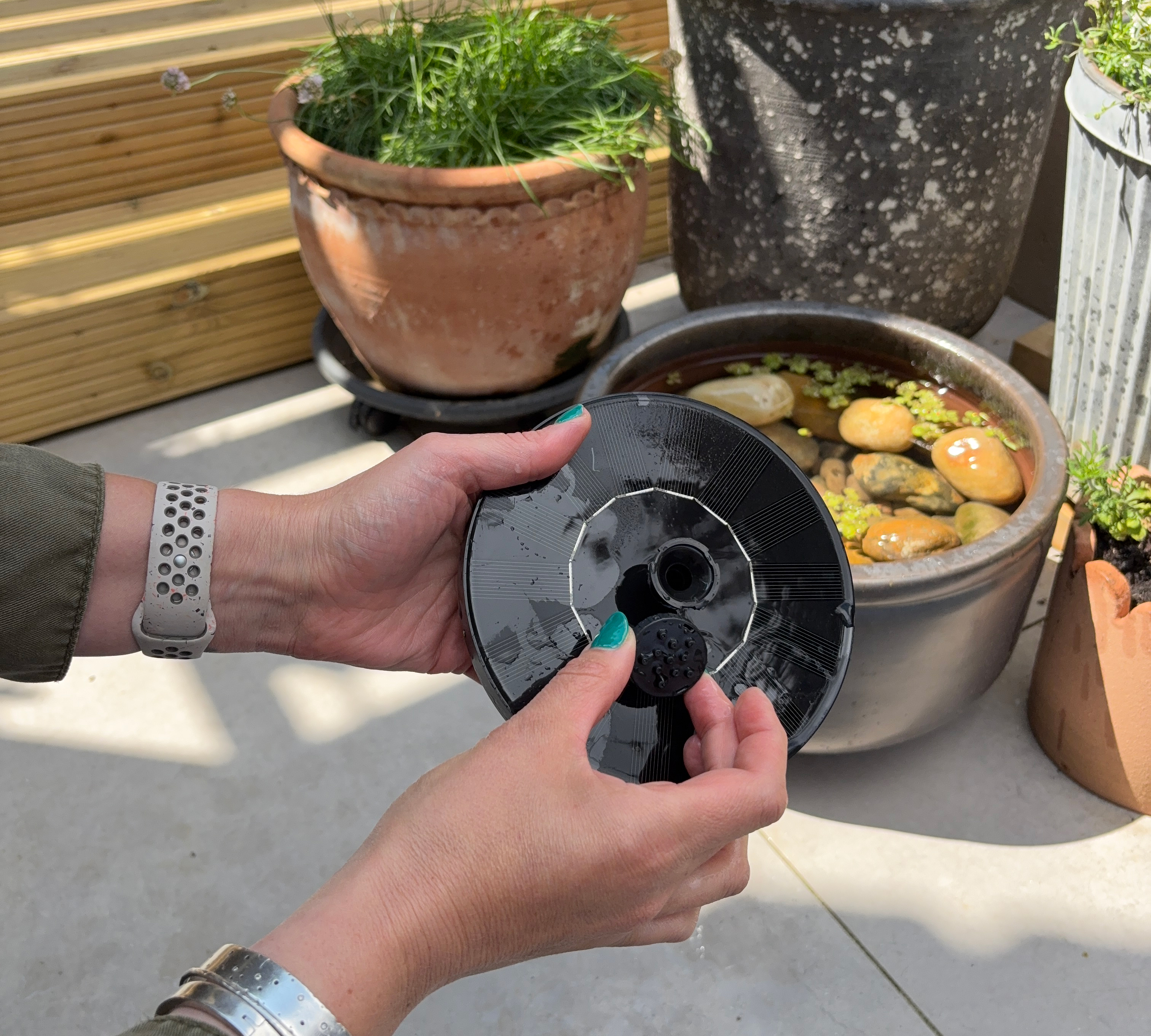 Hands holding a small black solar water fountain with planters and a mini pond in the background