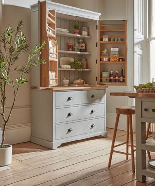 Wooden pantry organizer open with neatly stored items in the doors and shelves. The kitchen has wooden floors and a small potted olive tree in view