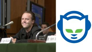A photo of Lars smiling in the court session for the Napster lawsuit juxtaposed against the Napster logo