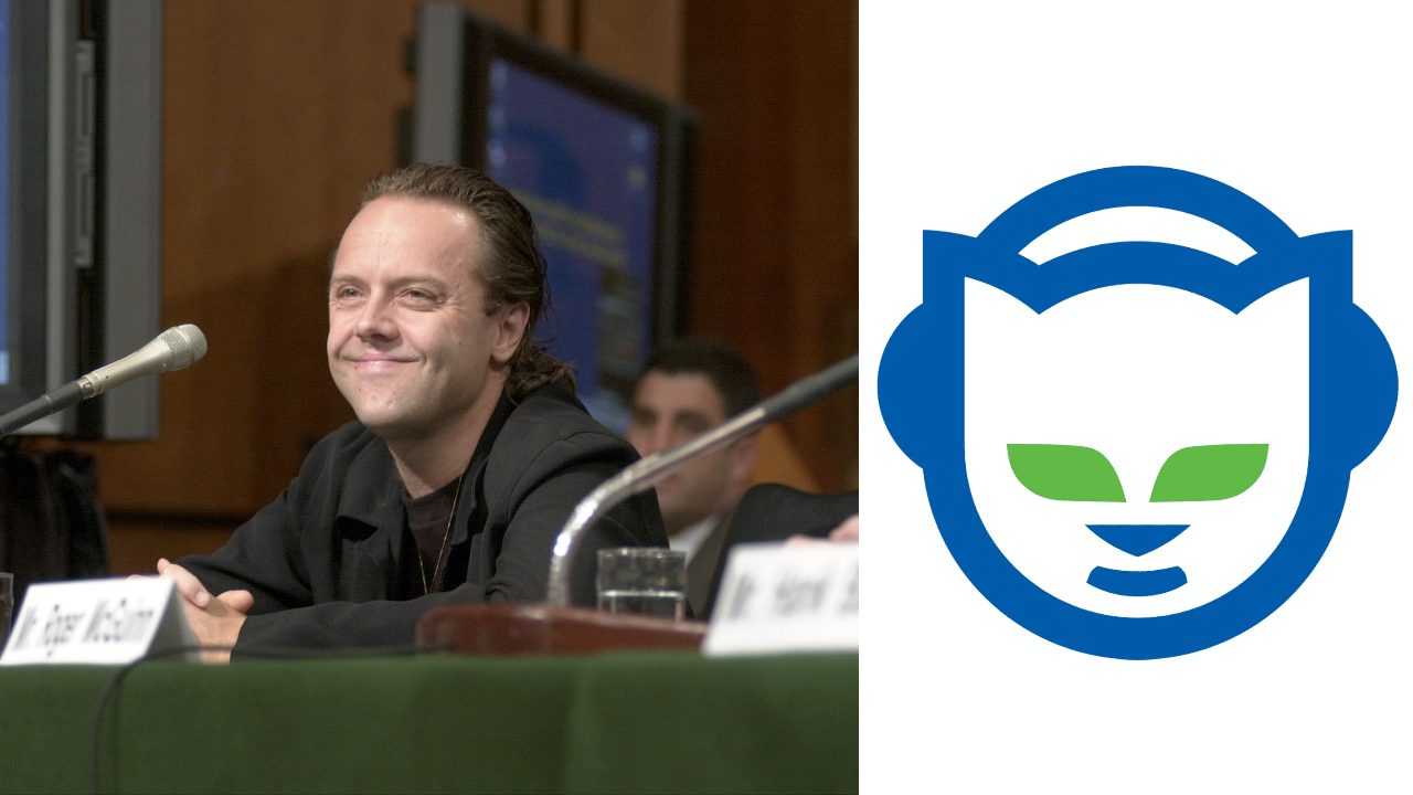 A photo of Lars smiling in the court session for the Napster lawsuit juxtaposed against the Napster logo