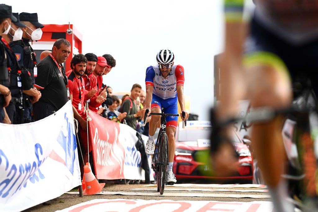 COLLU FANCUAYA SPAIN AUGUST 27 Thibaut Pinot of France and Team Groupama FDJ crosses the finish line during the 77th Tour of Spain 2022 Stage 8 a 1534km stage from Pola de Laviana to Collu Fancuaya 1084m LaVuelta22 WorldTour on August 27 2022 in Collu Fancuaya Spain Photo by Tim de WaeleGetty Images