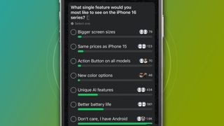 An iPhone on a green background showing a WhatsApp survey result