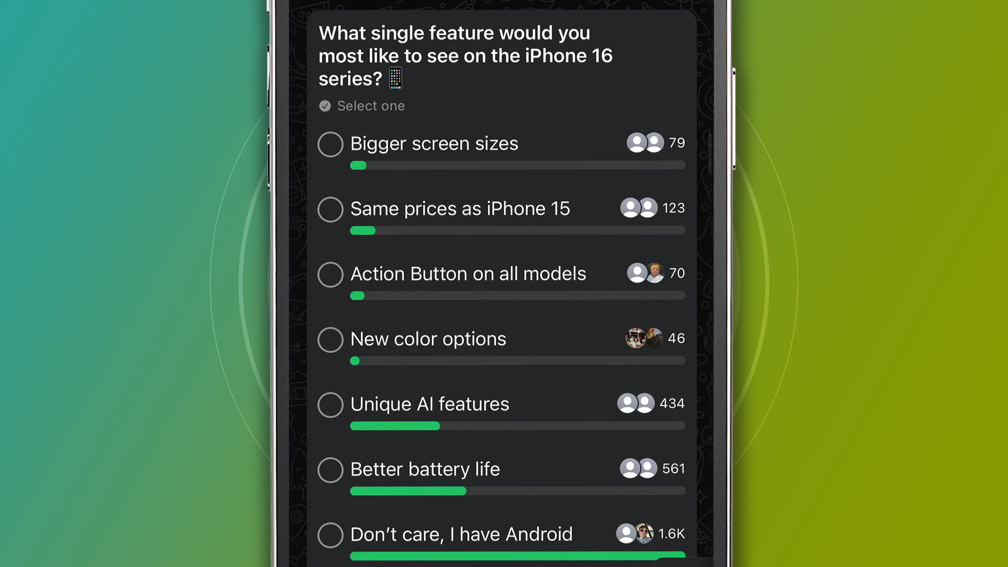 An iPhone on a green background showing a WhatsApp survey result