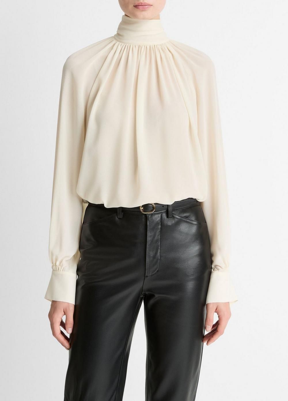 Gathered Draped-Neck Crepe Blouse