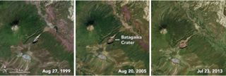Siberia's Batagaika crater grew from a minor gash in 1999 to a tadpole-shaped opening in 2015, Landsat images showed.