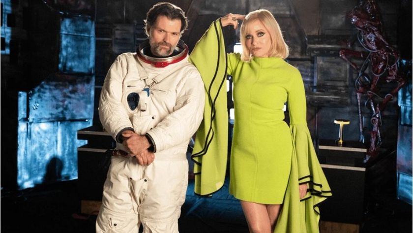 Co-hosts Josh Ruben and Barbara Crampton embrace a spooky space theme for the 2025 edition of the Fangoria Chainsaw Awards.