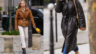 composite of two street style shots of women wearing quilted coats