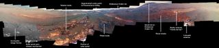 This annotated image is a cropped version of the last 360-degree panorama taken by the Opportunity rover's Pancam from May 13 through June 10, 2018. This annotated view is presented in false color to make some differences between materials easier to see.