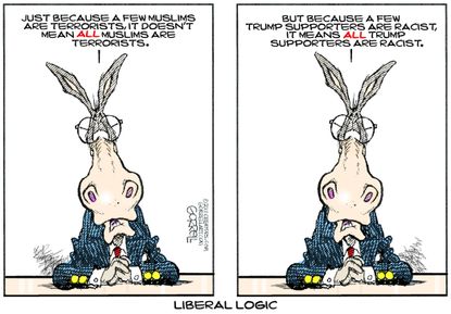 Political cartoon U.S. Muslim terrorists Trump supporters racist liberal logic