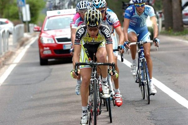 Giovanni Visconti (ISD) leads the seven-man break which escaped only five kilometres into stage five.