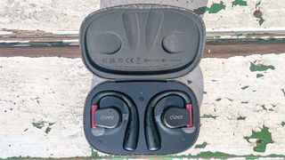 Cleer Audio ARC II Sport in their charging case outside on a rustic surface