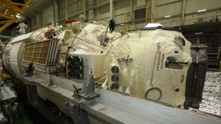 The Nauka module before its encapsulation into a rocket fairing.