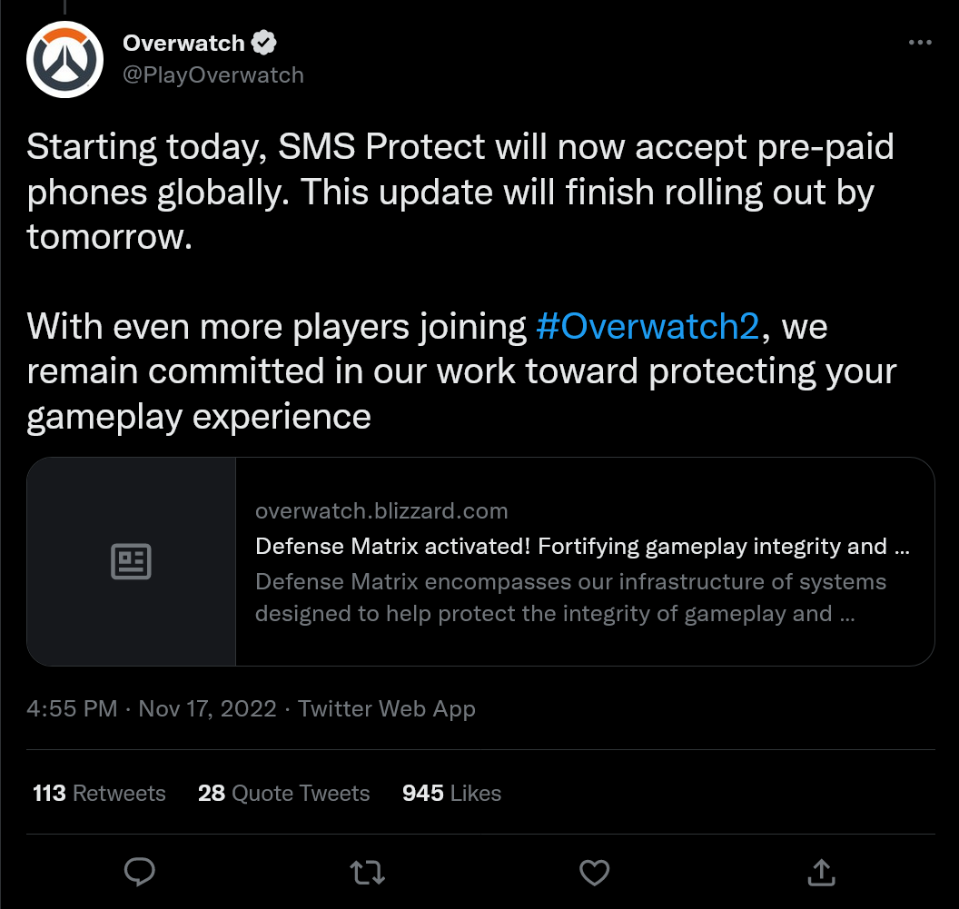 Tweet de mise à jour Overwatch 2 SMS Protect