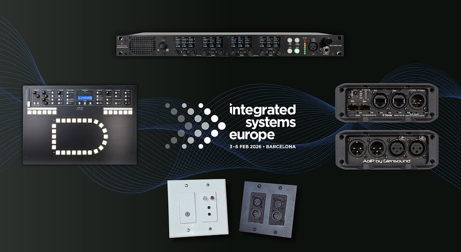 The Glensound banner for ISE with several of its products.