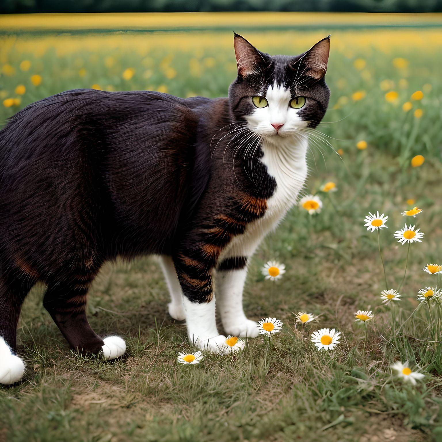 AI generated image of cat picking daisies