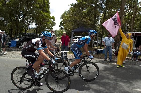 A telly-tubby impersonator shows some support for Jonathan Cantwell and Nathan Haas on Mt.Buninyong.