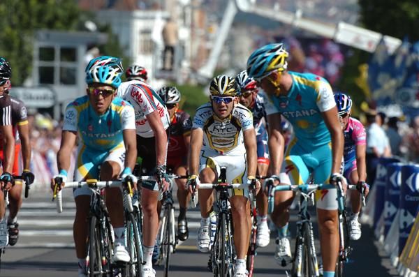 Astana checks on Alberto Contador.