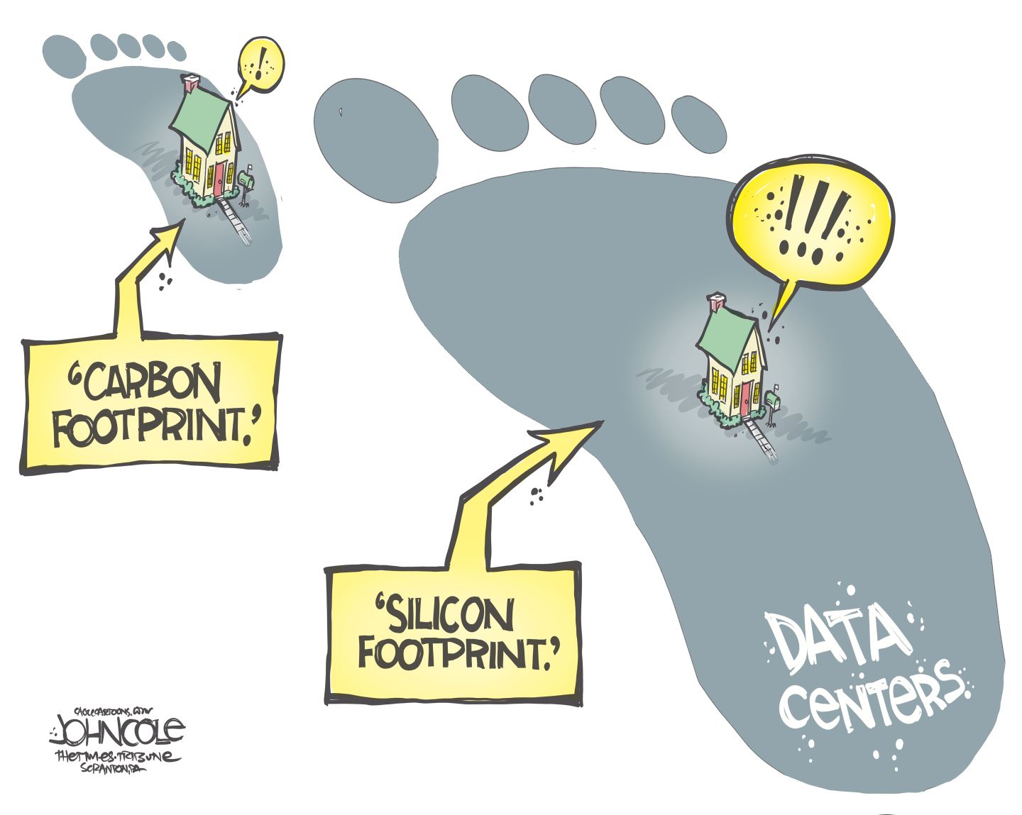 
                                This cartoon puts the reader in the sky, looking down at one small and one large footprint. The smaller one has a house on it. It’s labeled “Carbon Footprint.” The other giant footprint is labeled “Data Centers” and “Silicon Footprint.”
                            