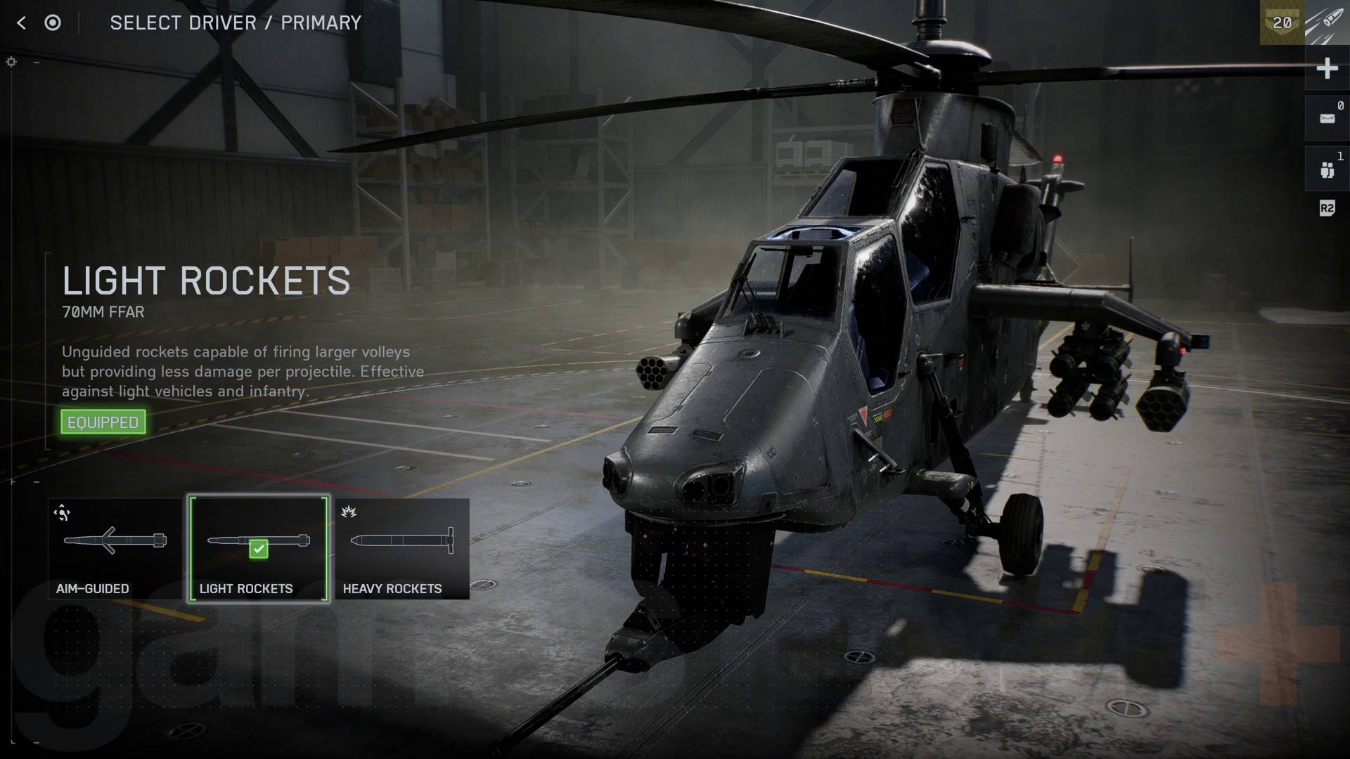 Battlefield 6 Attack Helicopter light rockets loadout screen