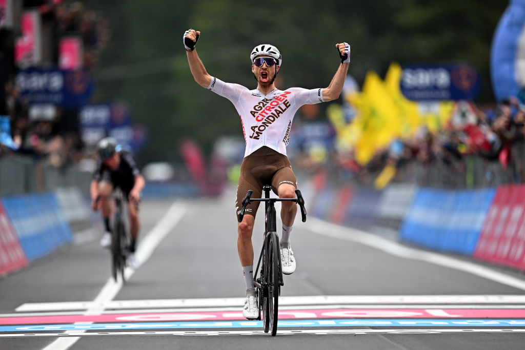 LAGO LACENOBAGNOLI IRPINO ITALY MAY 09 Aurlien ParetPeintre of France and AG2R Citron Team celebrates at finish line as stage winner ahead of Andreas Leknessund of Norway and Team DSM during the 106th Giro dItalia 2023 Stage 4 a 175km stage from Venosa to Lago Laceno 1059m Bagnoli Irpino UCIWT on May 09 2023 in Bagnoli Irpino Italy Photo by Stuart FranklinGetty Images