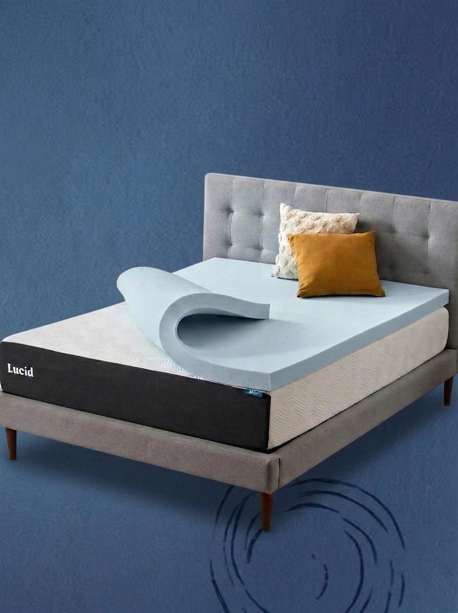 A Lucid Memory Foam Mattress topper on a mattress on a bed frame, against a blue background of stars, edited by Gemini